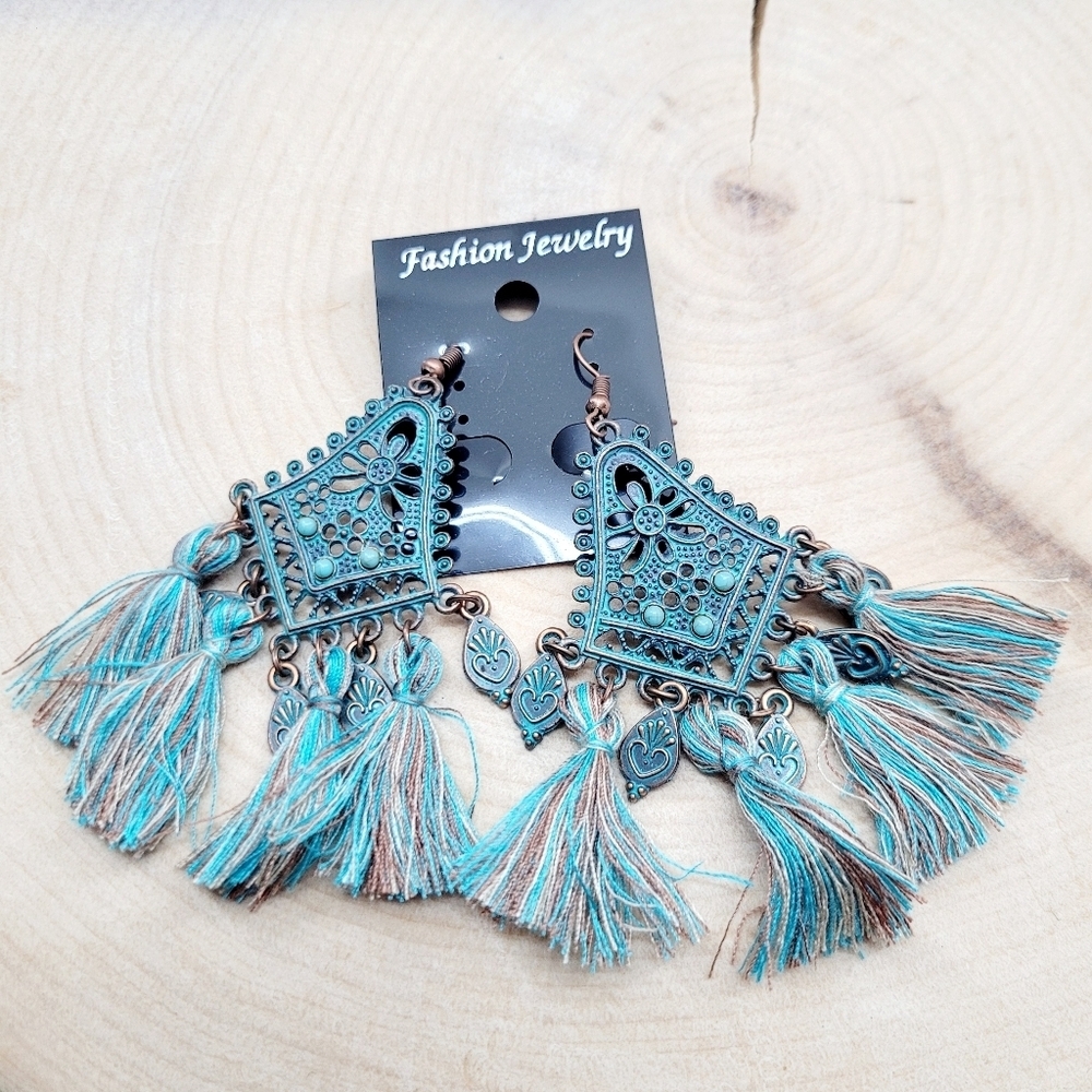 Brand New Bohemian Turquoise Blue Tassel Earrings